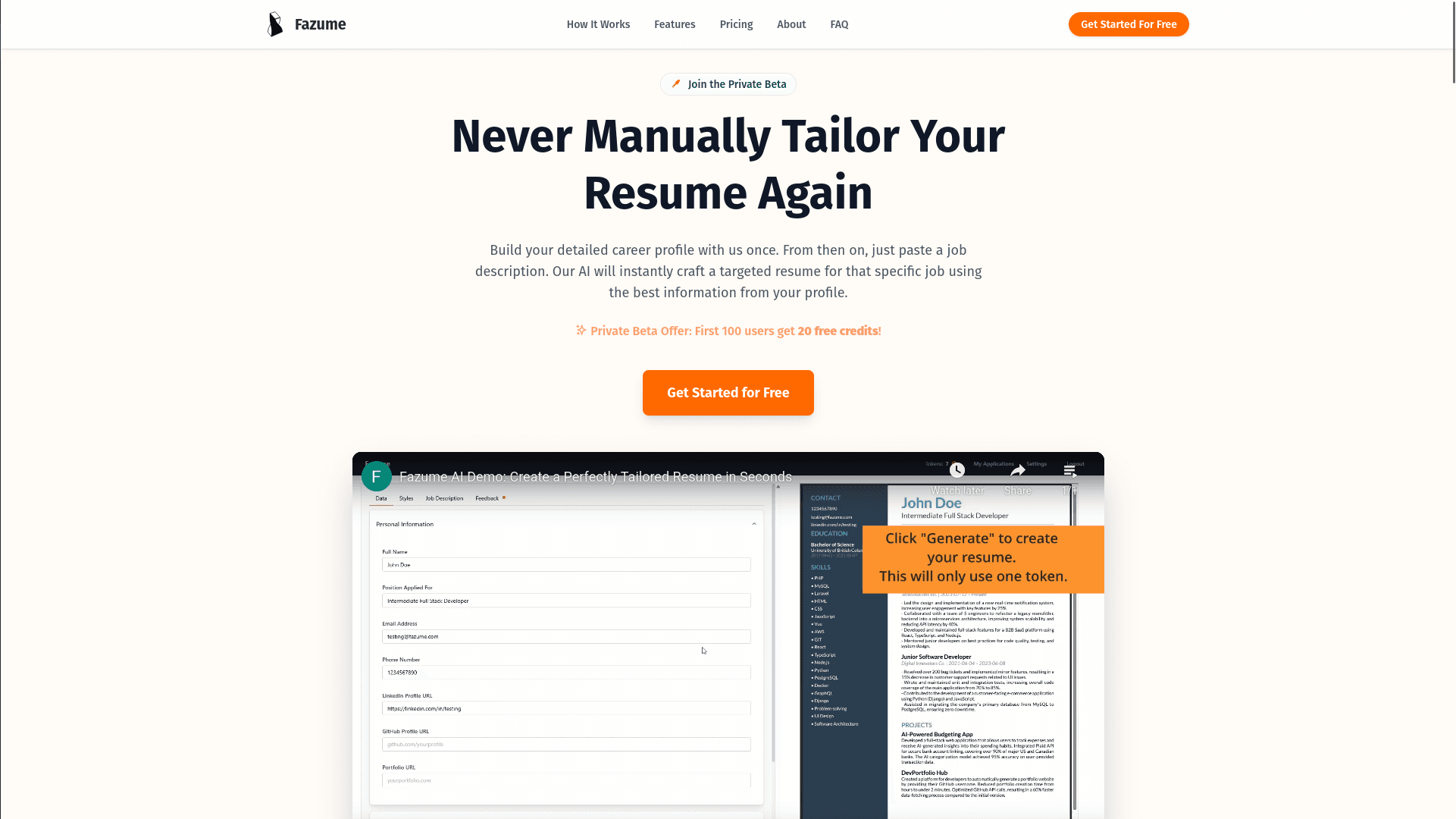 main dashboard of fazume