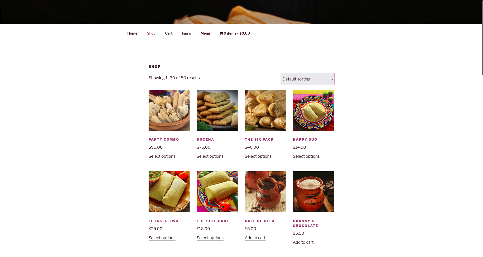 Screenshot of the Tamaly Shop e-commerce menu.